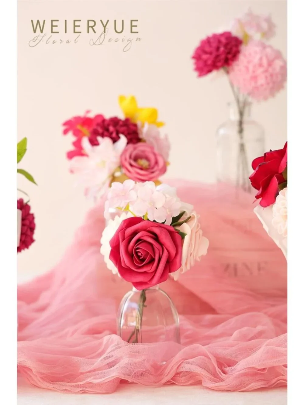 Bright Pink Artificial Flower Box Set - Silk Fake Flowers for DIY Wedding Decor